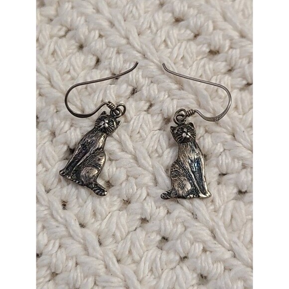 Sterling Silver Cat Earrings 925 Dangle Hook Animal Jewelry for Pet Lovers - Picture 2 of 6